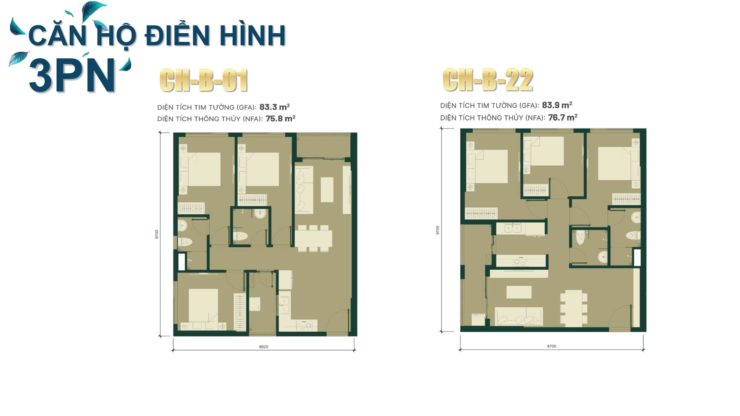 Layout thiết kế căn hộ 3 phòng ngủ Happy One Mori